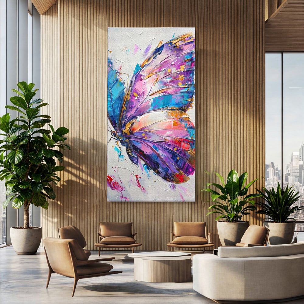 Tablou canvas cu tablou canvas cu fluture pictat in nuante de violet, fara rama, pe sasiu de lemn, pe perete intr-un birou